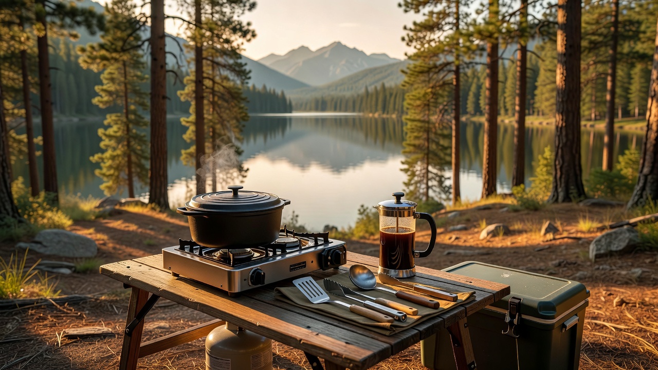 A well-organized camp kitchen setup with stove, cooler, cooking prep table, and wash station at a scenic forest campsite β everything in its place for efficient outdoor cooking.