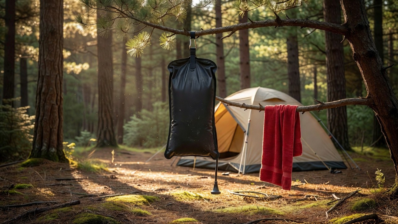 Solar shower bag warming in the sun at a campsite