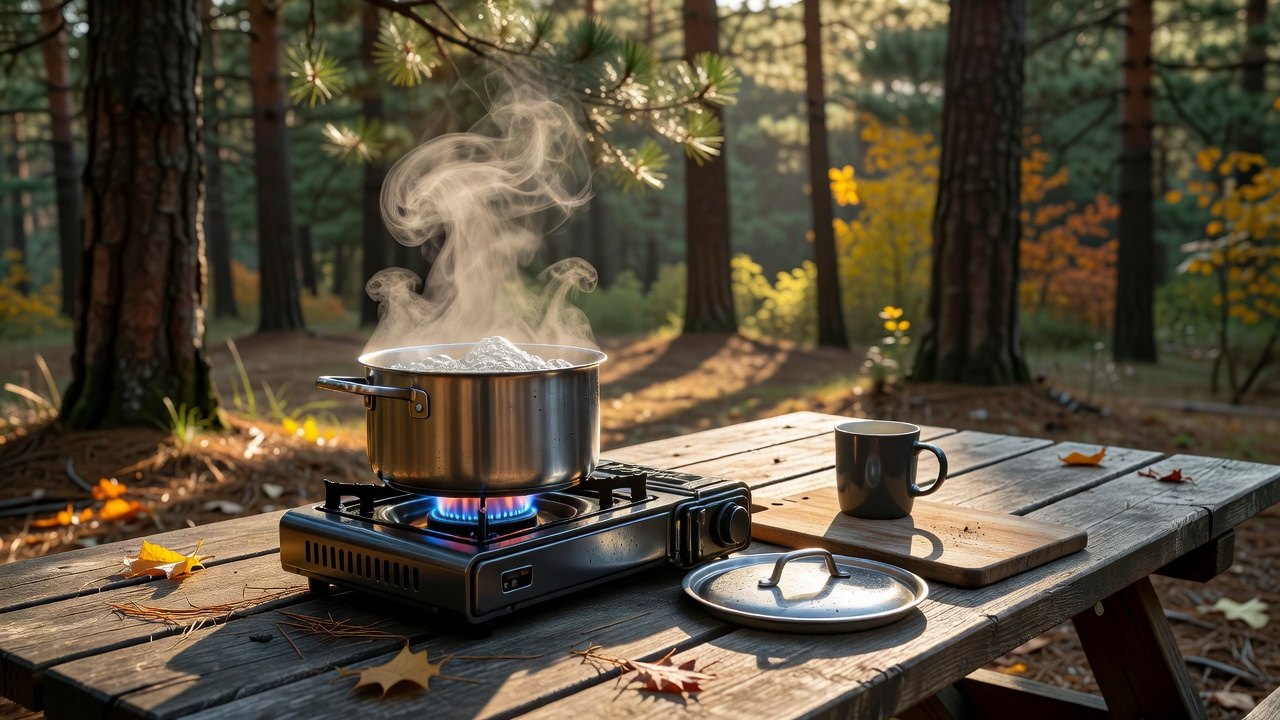Stainless steel pot of water boiling on a two-burner camp stove on a wooden picnic table in an autumn forest