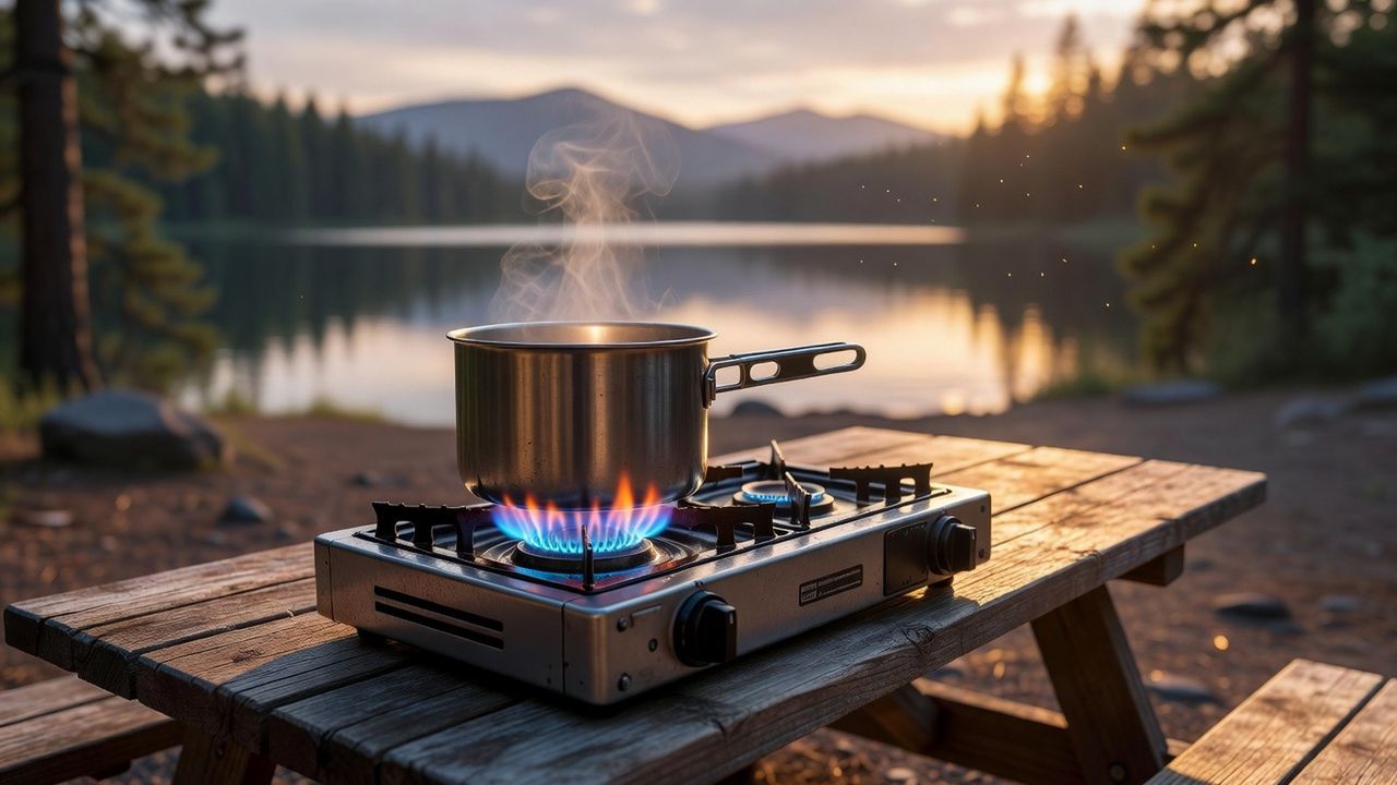 Blue camp stove flame burning under a stainless steel pot at a campsite picnic table