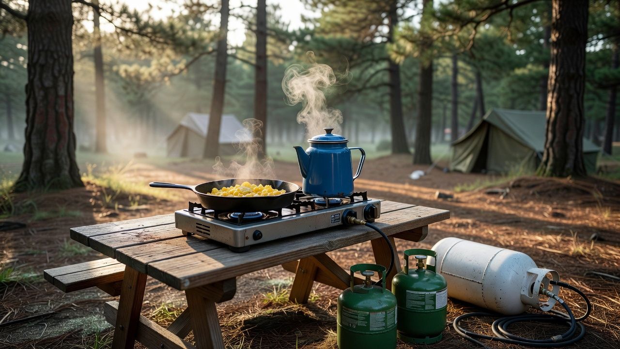 A two-burner propane camp stove on a picnic table with a cast-iron skillet and coffee pot, a 1 lb propane cylinder and a 20 lb tank alongside at a family campsite