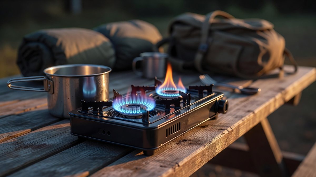 A two-burner propane camp stove burning with a blue flame ring on one burner and an orange-tipped flame on the other