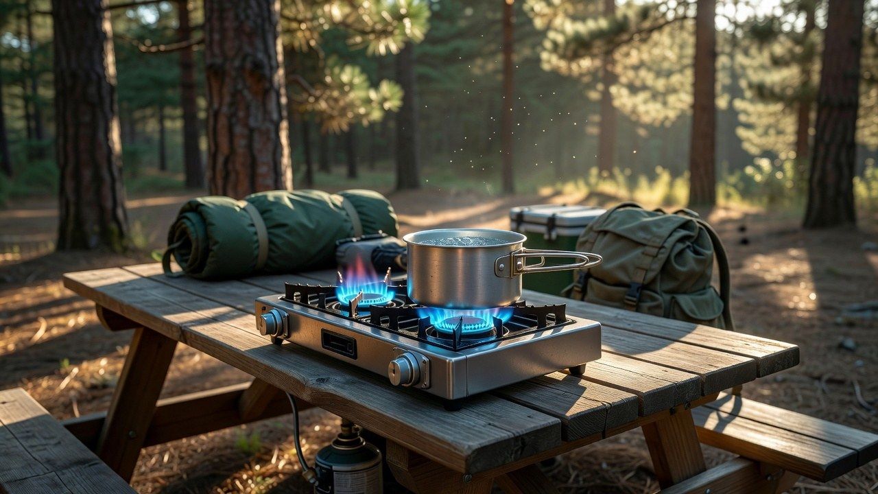 A camp stove burning with a clean blue flame at a picnic table campsite