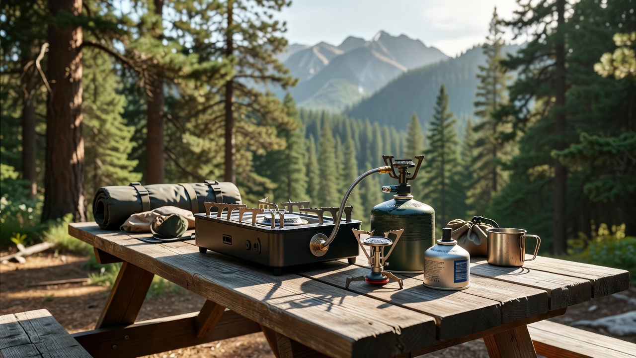 2-burner propane camp stove on picnic table with green canister and backpacking stove beside isobutane canister, mountain forest background