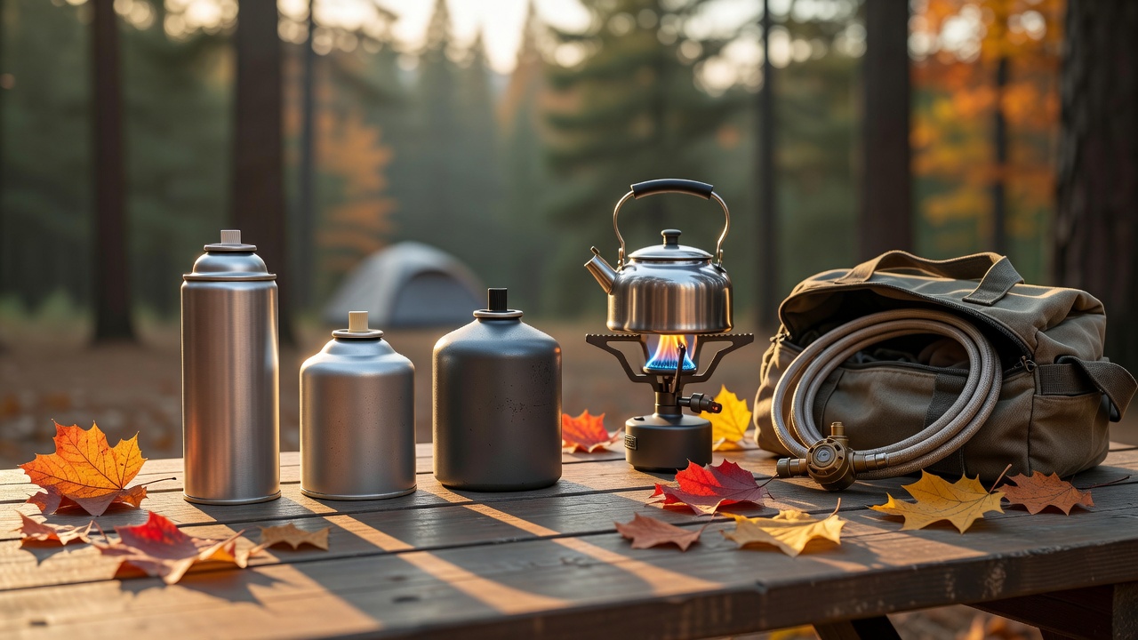 Three camp stove fuel types side by side on a picnic table — a tall screw-top gas canister, a short butane cartridge and a 1 lb propane cylinder, next to a lit camp stove and a coiled propane hose with regulator