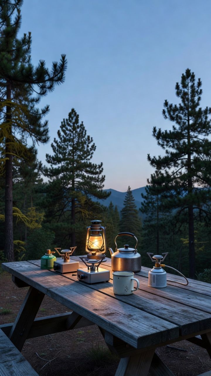 Propane, butane, and isobutane camp stove fuel canisters side by side
