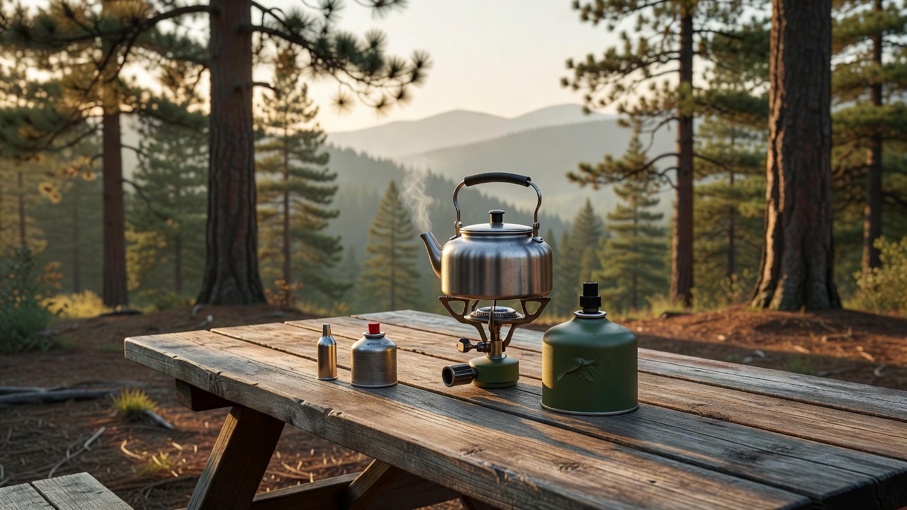 A propane stove, butane cartridge, and backpacking fuel canister arranged at a forest campsite