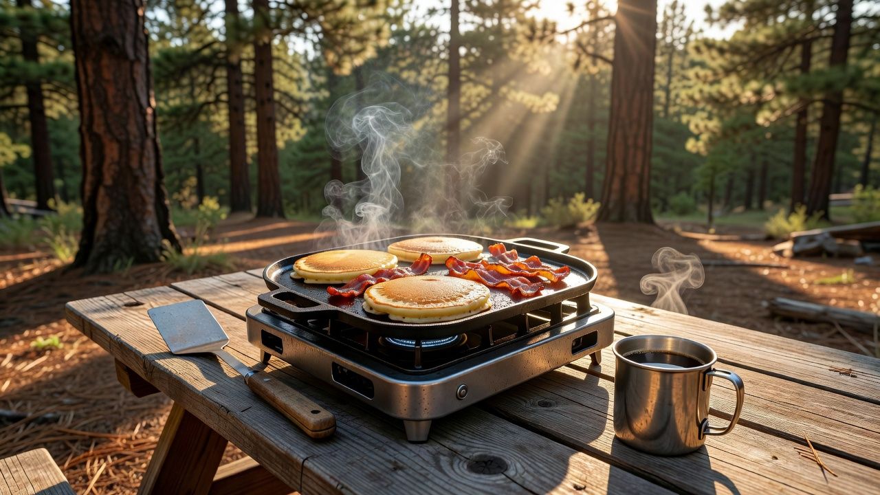 Cast iron griddle on a two-burner camp stove cooking breakfast at a picnic table campsite