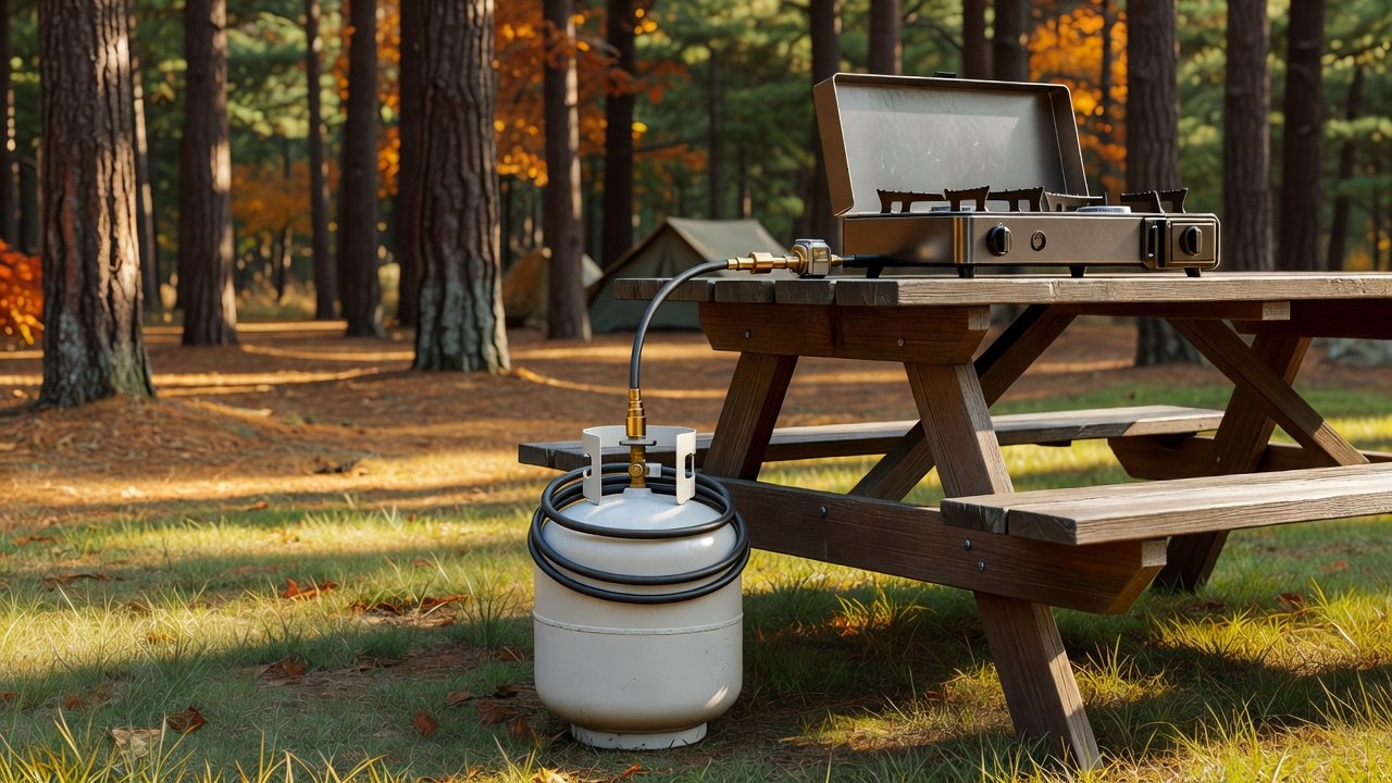 A 20 lb propane tank feeding a two-burner camp stove through a hose, regulator and 1 lb to 20 lb adapter at a picnic table