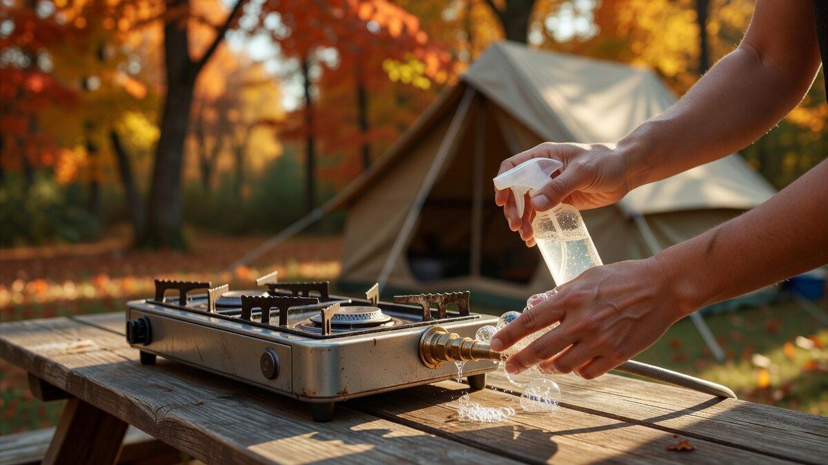 Soapy water brushed onto the propane hose connection on a two-burner camp stove at a picnic table