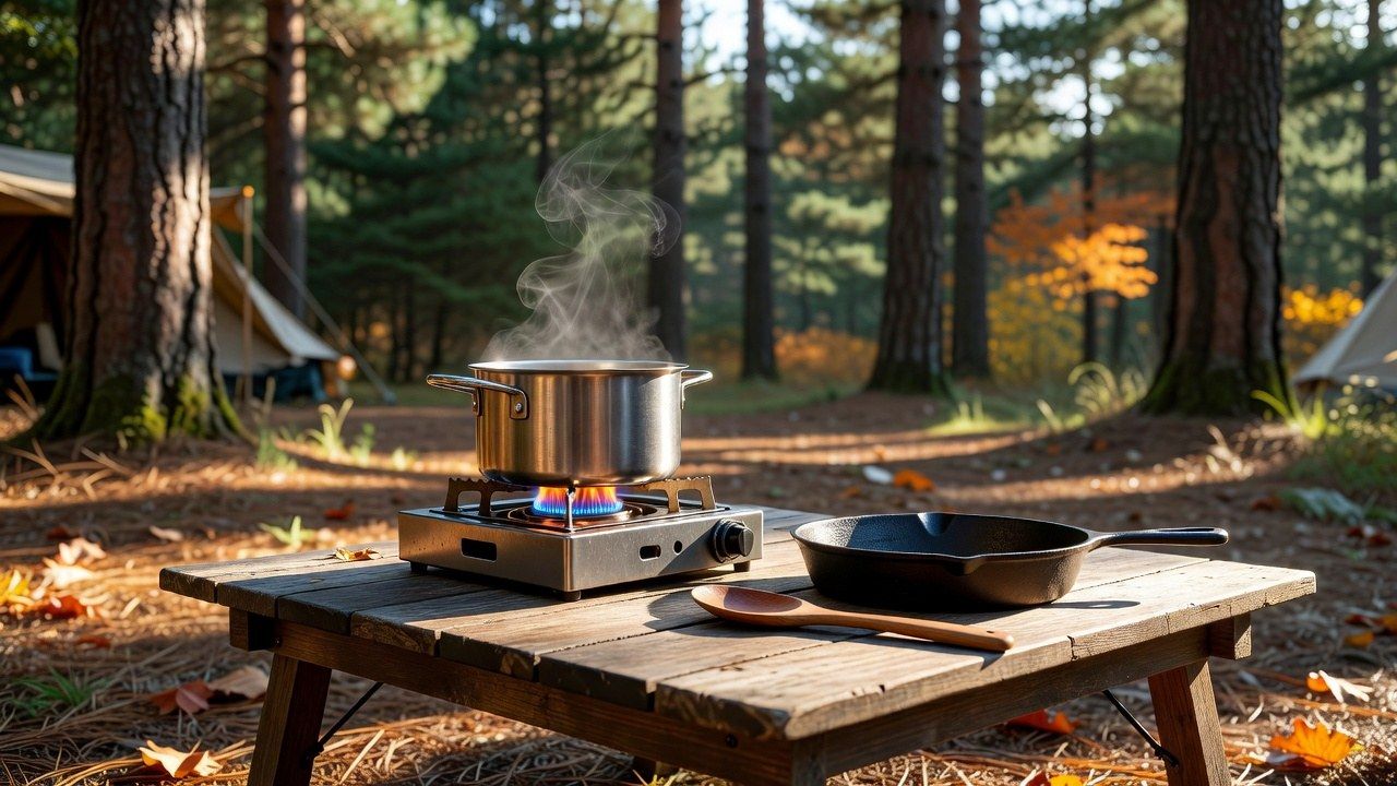A pot of soup simmering over a low flame on a two-burner camp stove at an autumn campsite