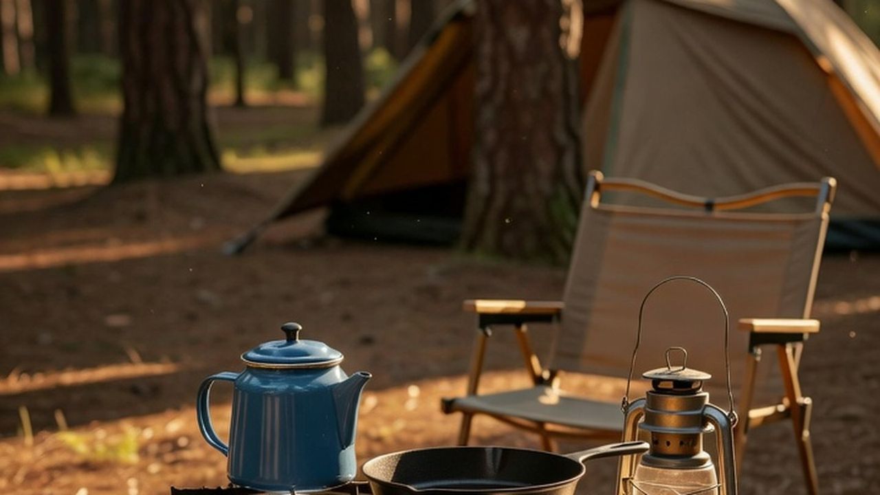 Two-burner camp stove set up on a folding camp table at a forest campsite, with a coffee pot and cast iron skillet on the burners and a heat mat underneath