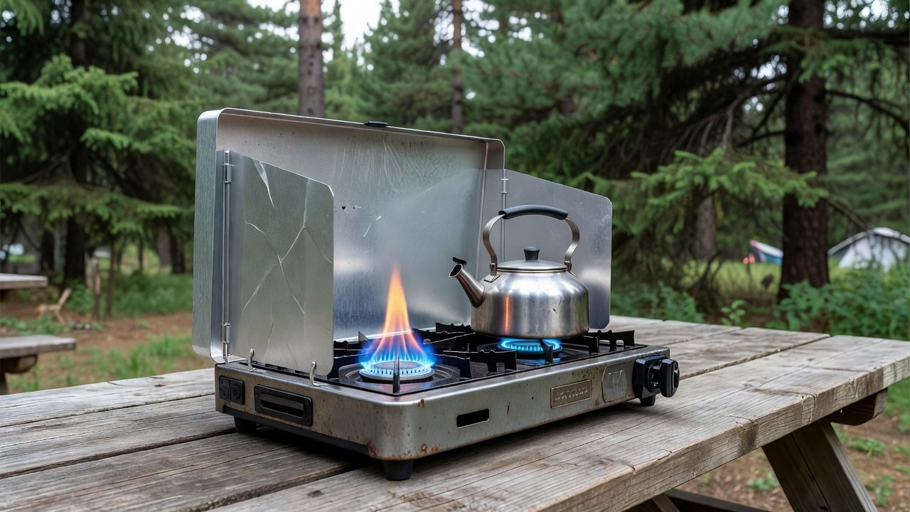A two-burner propane camp stove with a clean blue flame and a kettle behind a folded aluminium windscreen on a campground picnic table