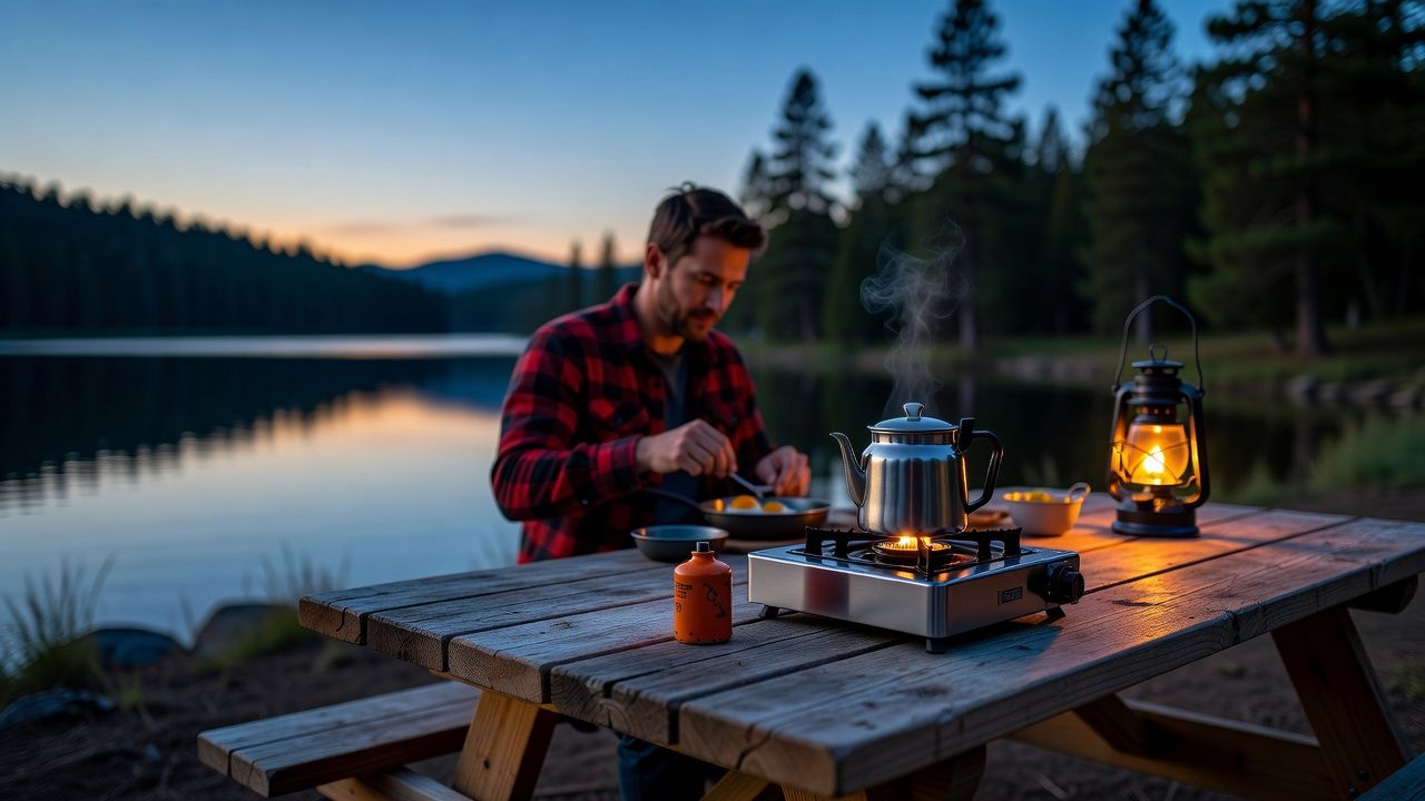 Camp stove set up for breakfast beside a lake at first light