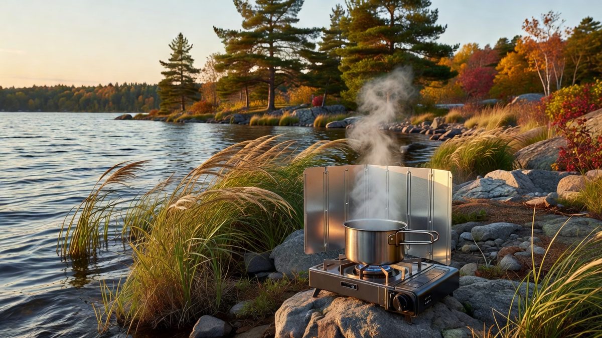 Portable two-burner camp stove with a folding aluminum windscreen on a windy lakeshore at sunset
