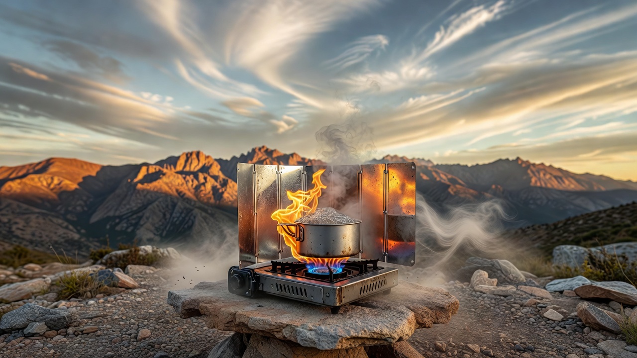 Camp stove cooking in windy conditions with an aluminum folding windscreen shielding the blue flame on a rocky campsite at golden hour
