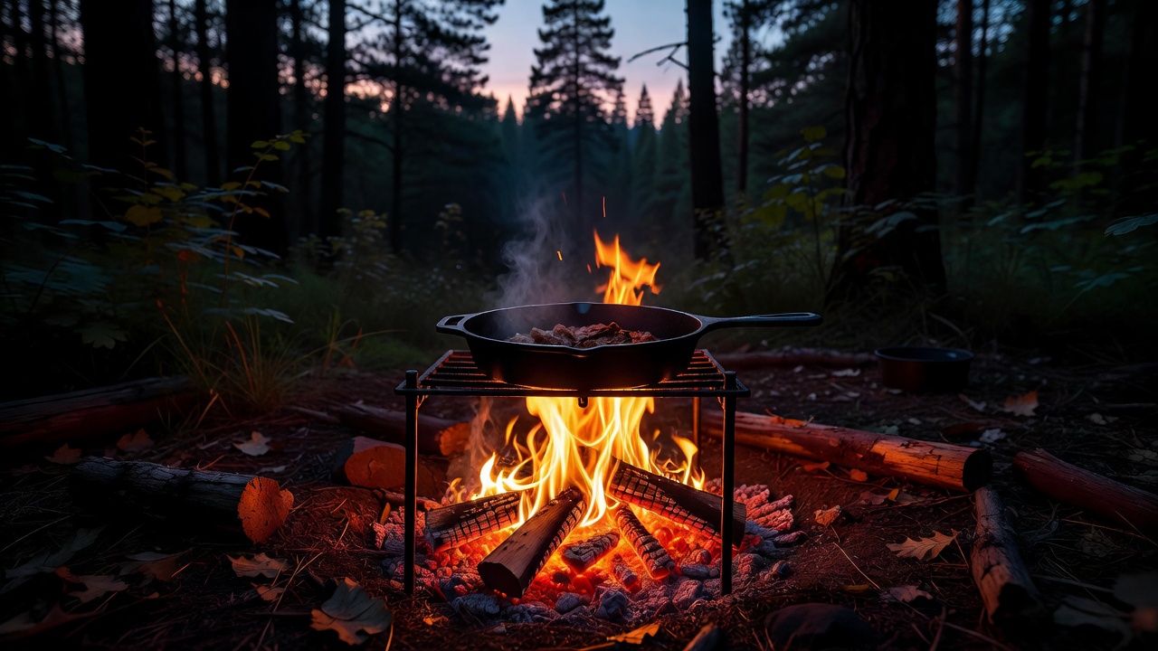 A glowing campfire at dusk with cast iron skillet cooking over the coals, surrounded by dark forest