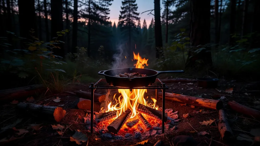 A campfire burning down to coals at a fall campsite as the light fades
