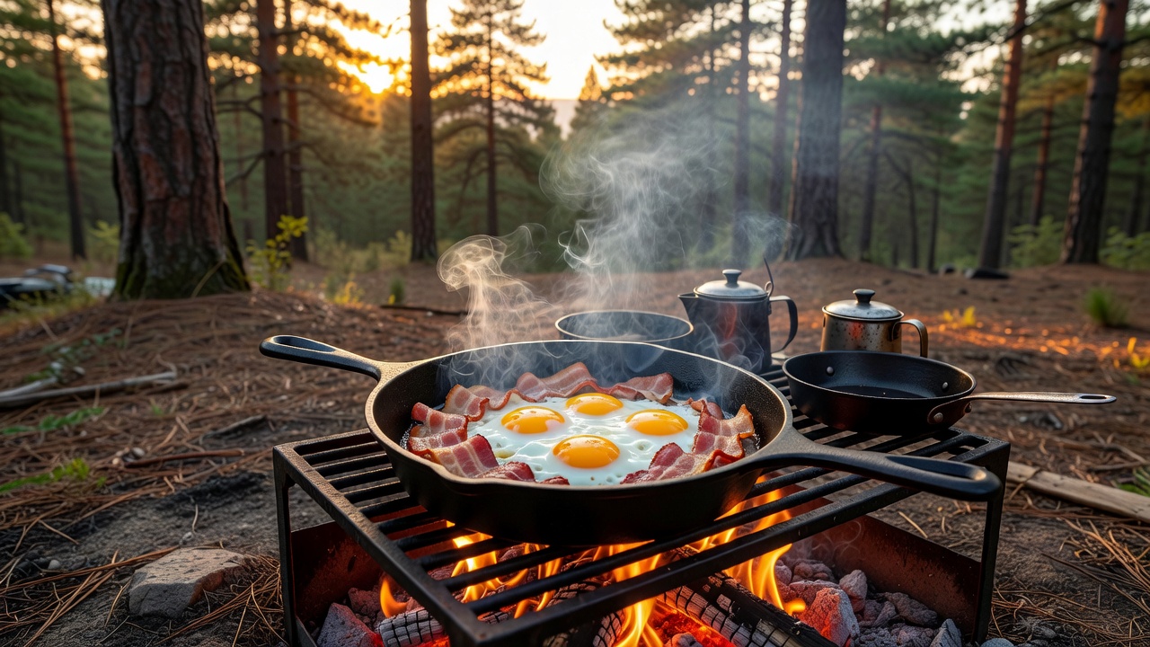 Cast iron skillet cooking bacon and eggs over a campfire at sunrise, forest camping scene