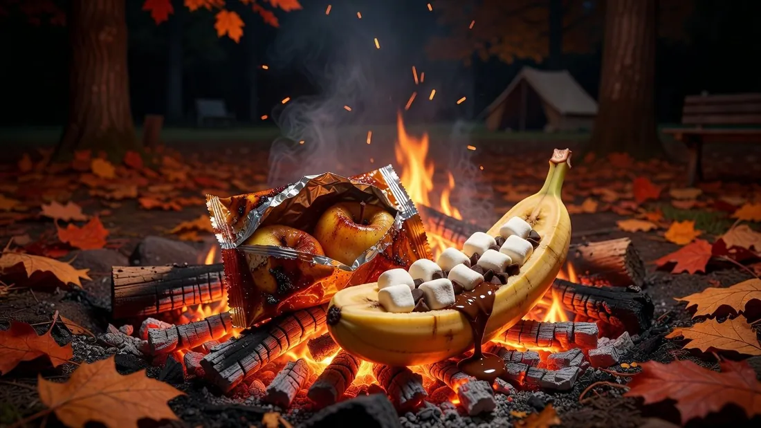 Campfire banana boats and a foil packet of cinnamon apples cooking on glowing coals