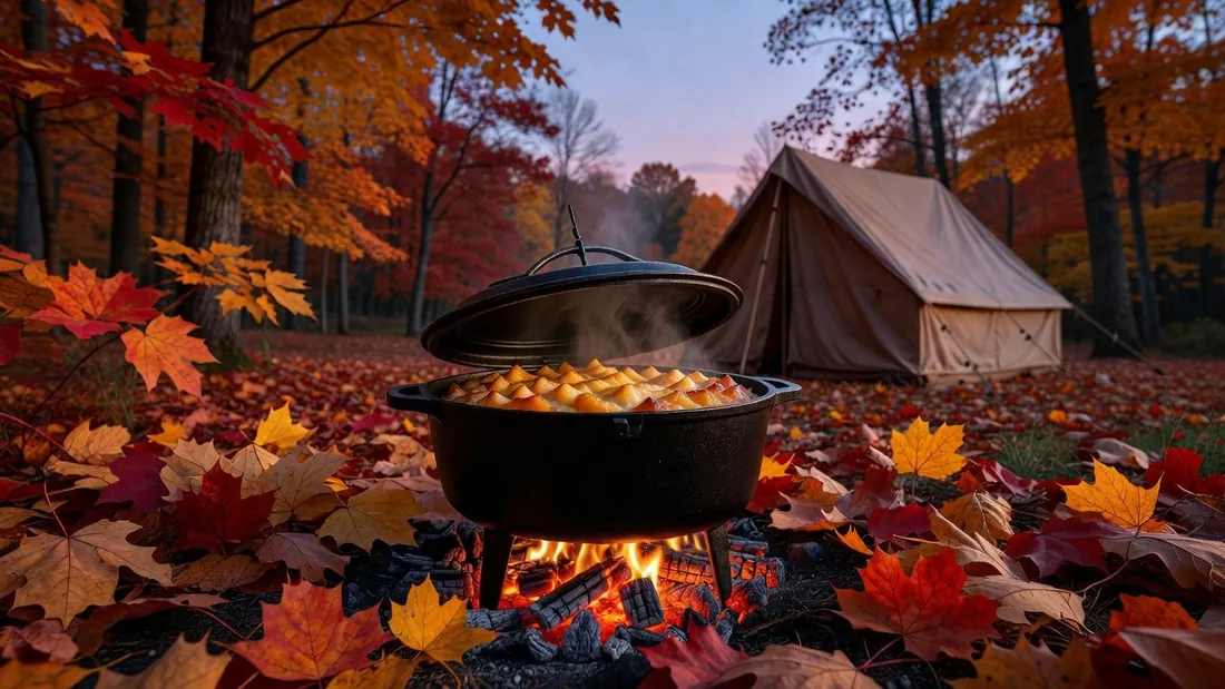 A camp Dutch oven resting on a bed of coals with a peach cobbler steaming inside