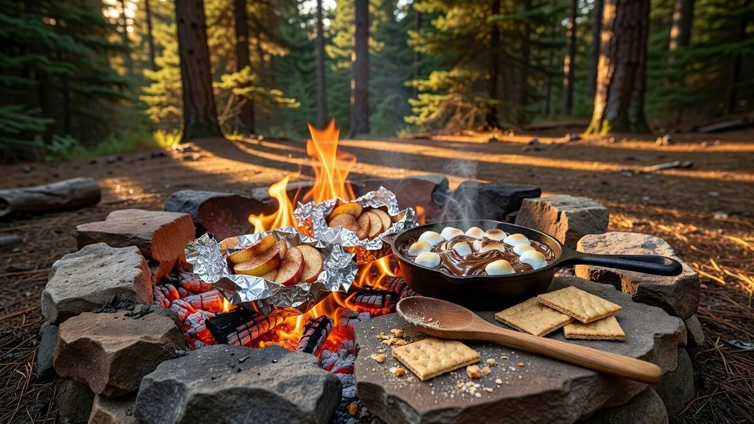 Campfire dessert setup โ foil packets of cinnamon apples and a skillet of s'mores dip on glowing coals