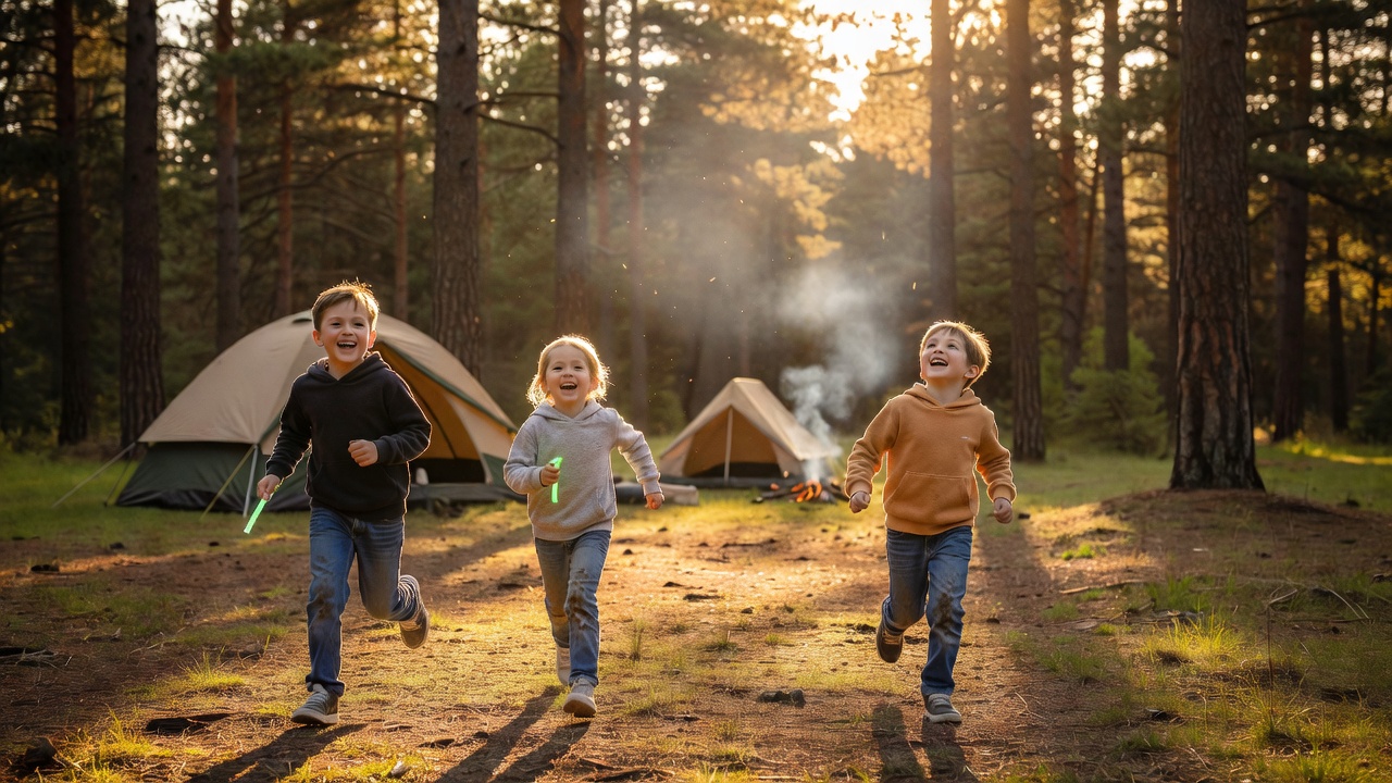 Kids playing outdoor games at a forest campsite during golden hour