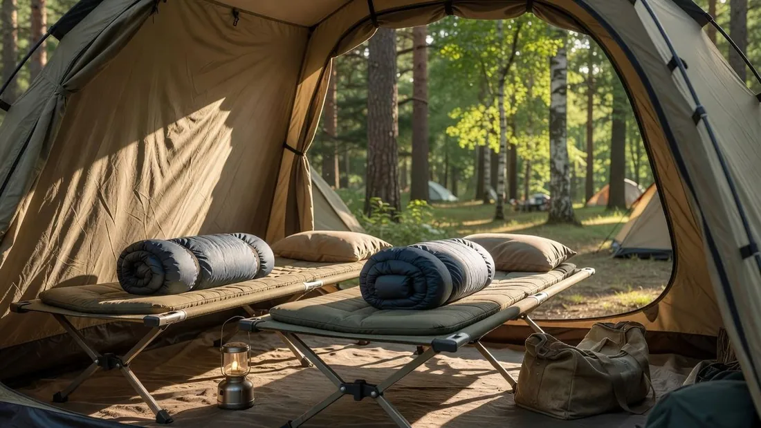 Two folding camping cots with pads and sleeping bags set up inside a tent, with a lantern and duffel bag on the floor