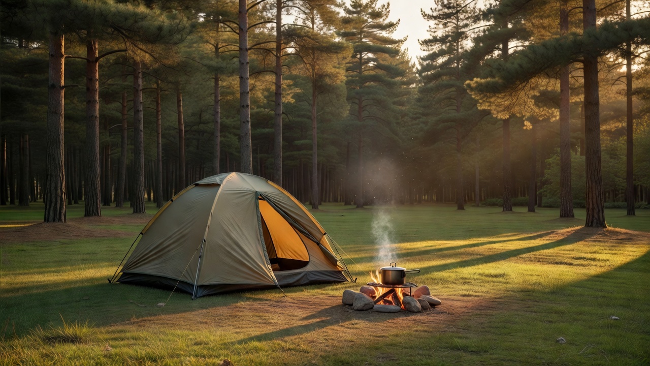 Beginner-friendly campsite at golden hour with simple dome tent and campfire