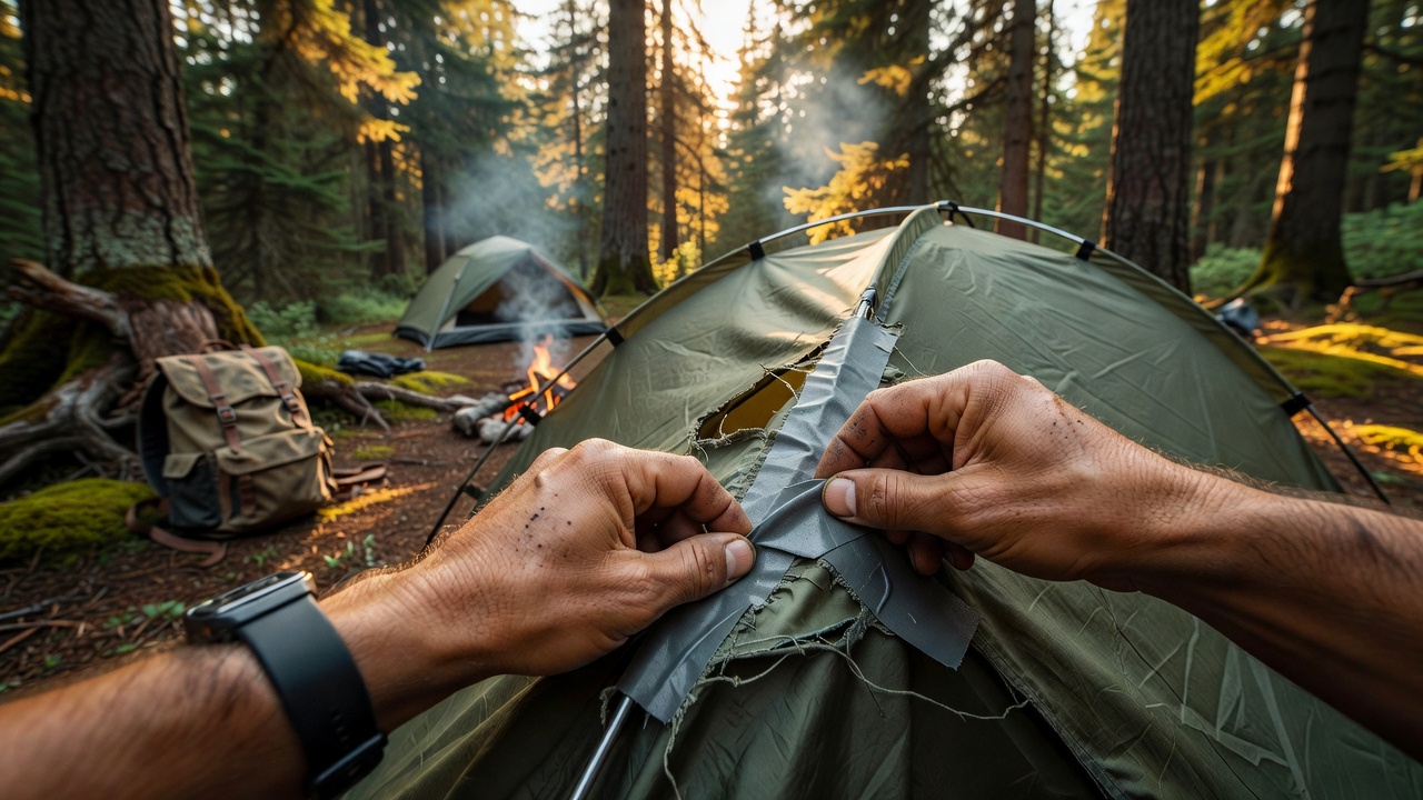 Camper repairing tent fabric with repair tape at a forest campsite
