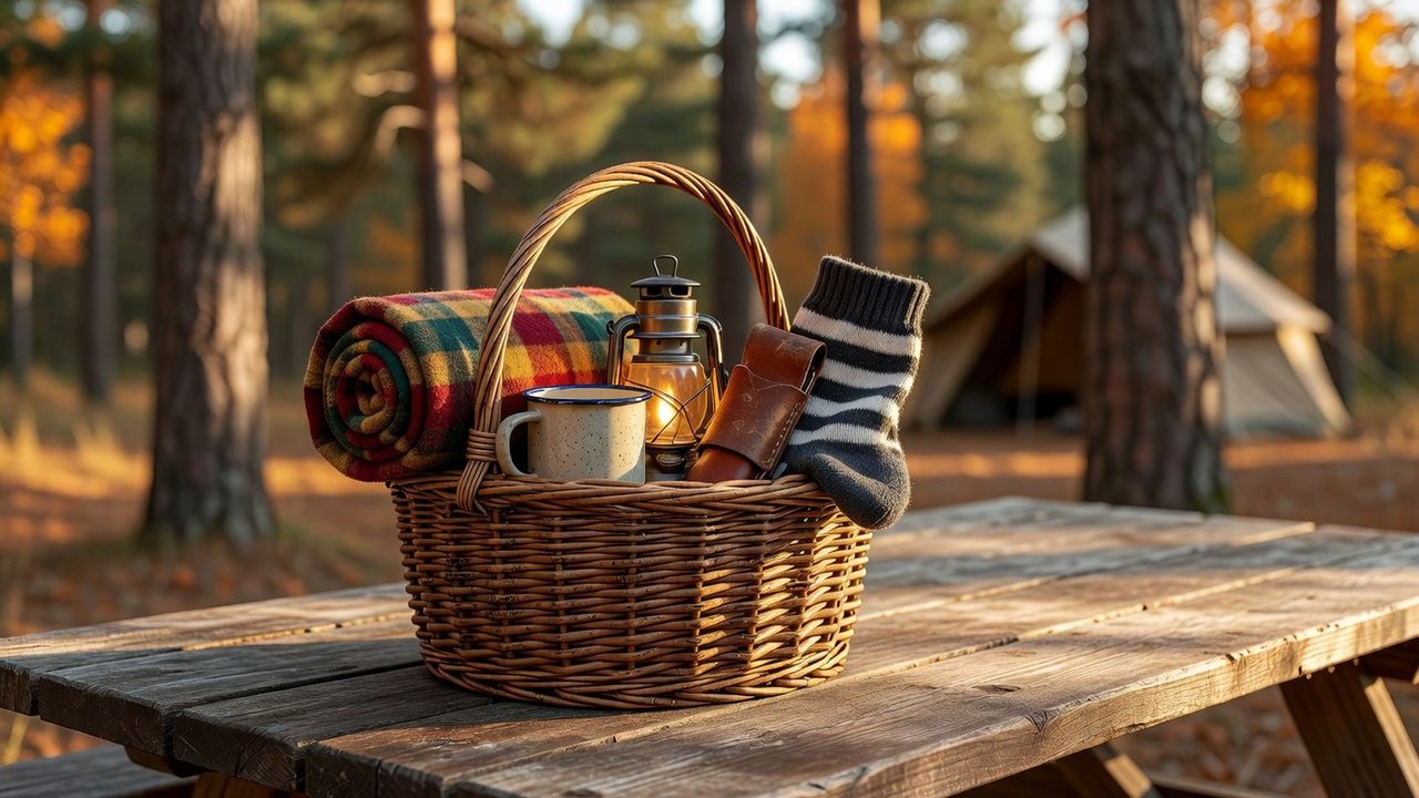 A DIY camping gift basket packed with gear on a picnic table at golden hour