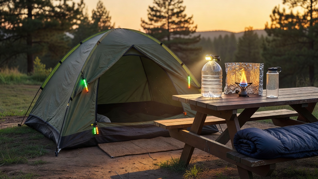 Golden hour campsite with tent, camp stove, headlamp lantern, and camping gear