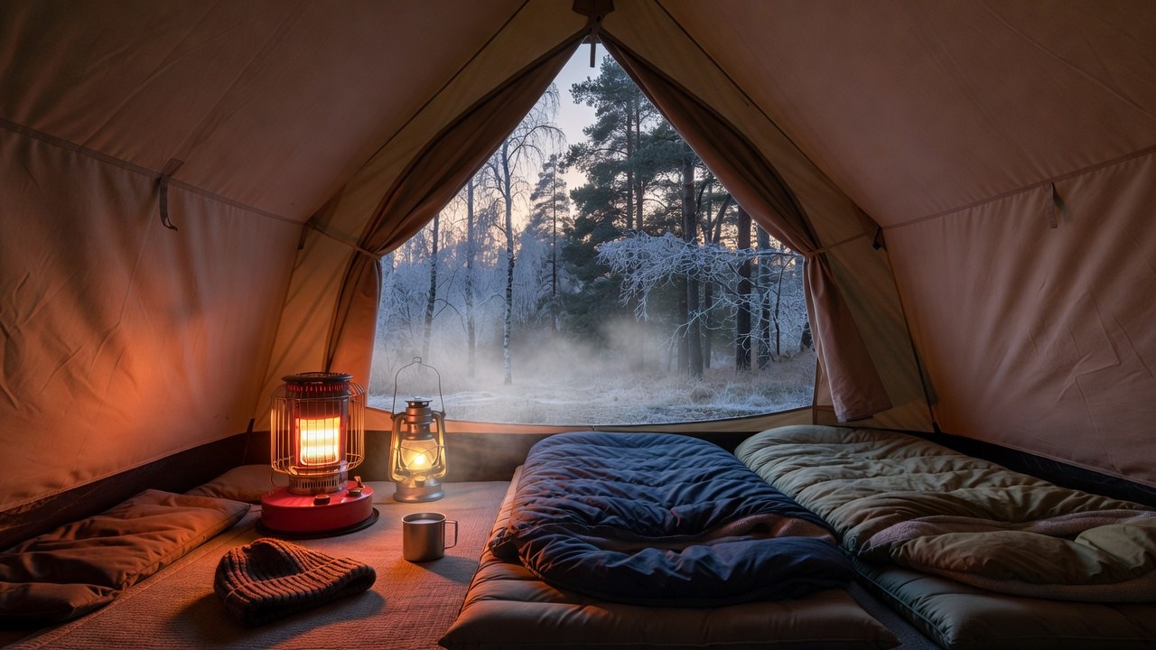 Interior of a family tent on a frosty morning with a portable propane heater glowing