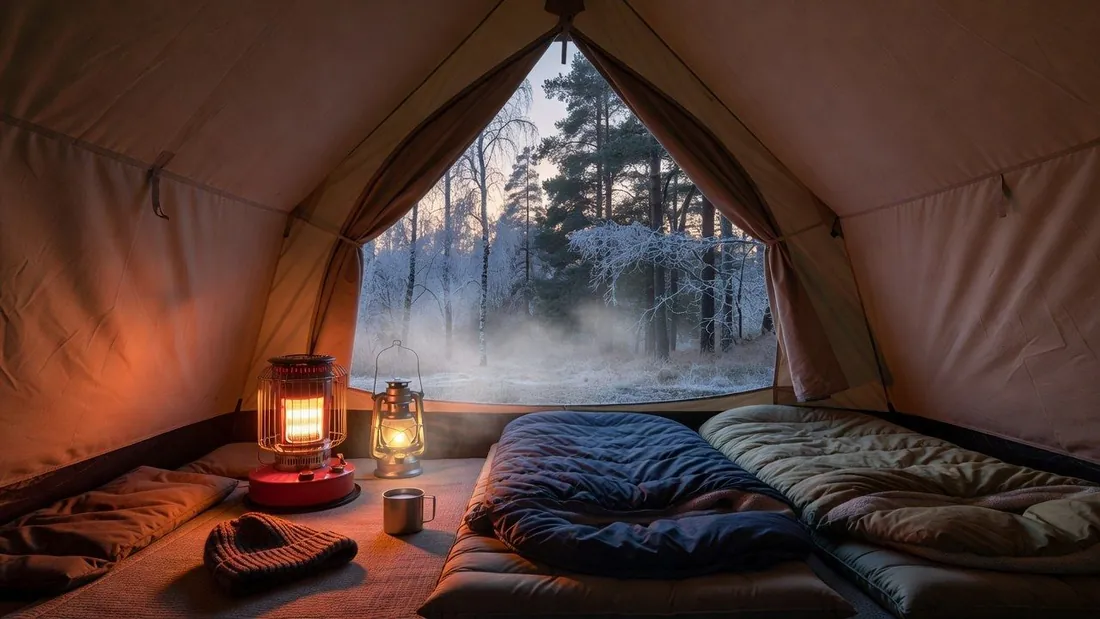 Interior of a family tent on a frosty morning with a portable propane heater glowing