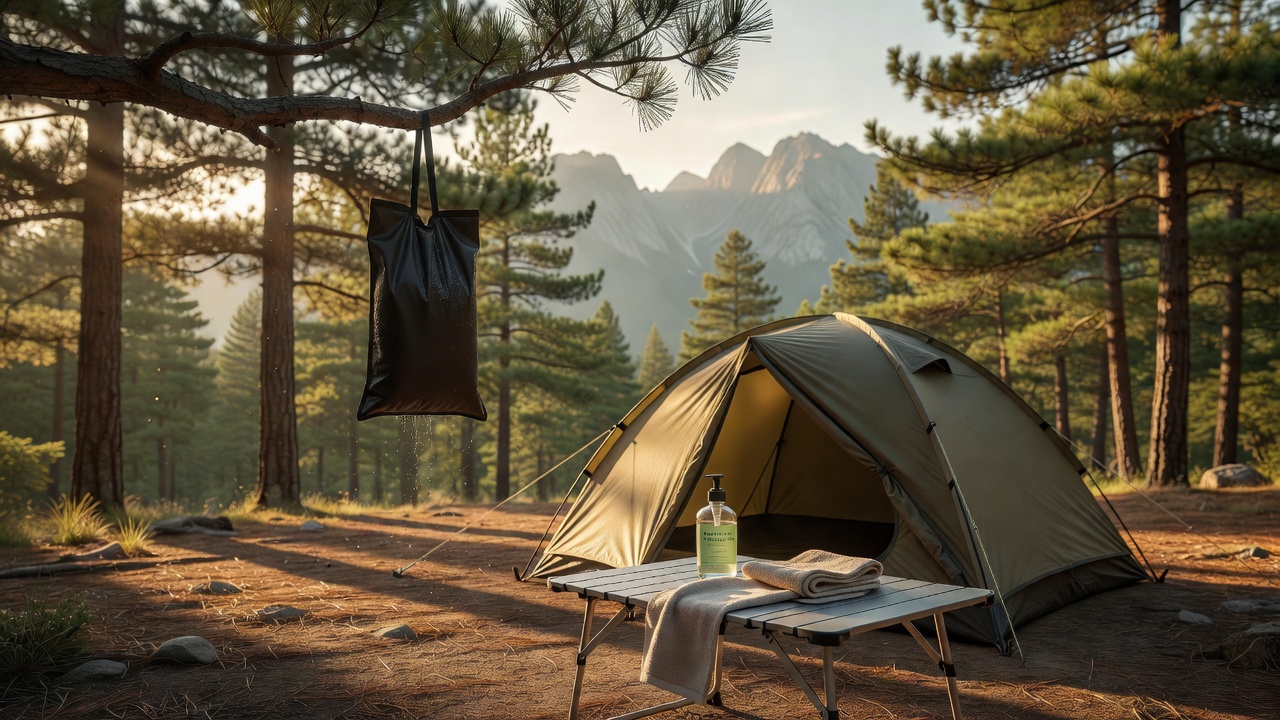 Solar shower hanging at a peaceful campsite with morning light through pine trees