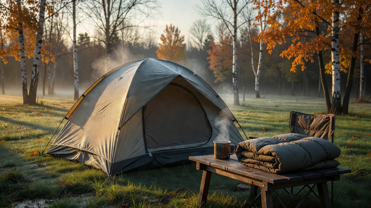 Dew on a fall campsite at sunrise with a tent fly beaded with condensation