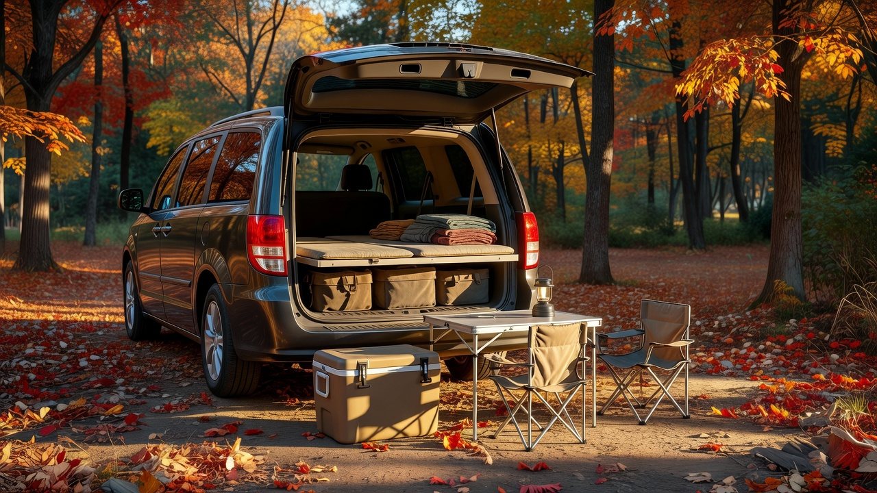 A family minivan at a fall campsite with the rear hatch open, a flat sleeping platform with two camping pads and folded blankets inside, storage bins underneath, and a cooler and camp chairs set up beside the van