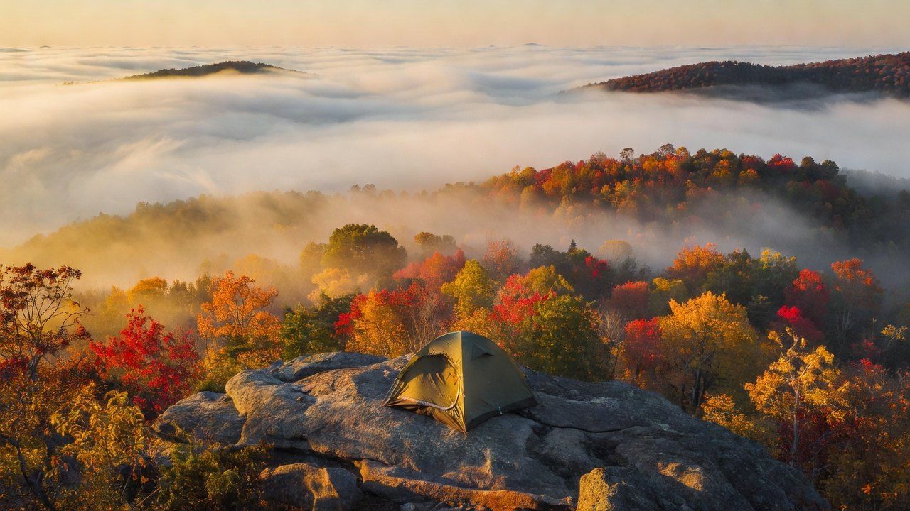 A tent on a granite outcrop at sunrise on Cheaha Mountain, looking over fog-filled Appalachian foothills in autumn colour