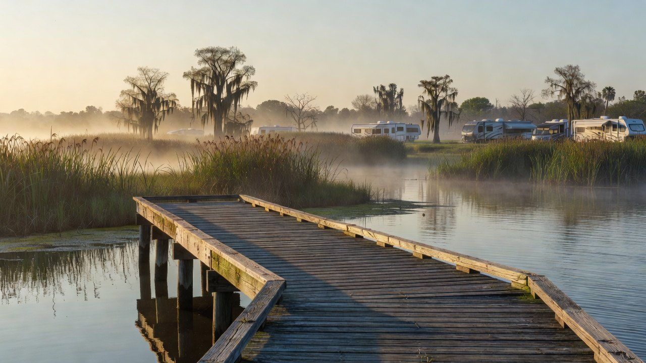 A boardwalk and observation pier at sunrise over the misty wetlands of the Mobile-Tensaw Delta in Alabama