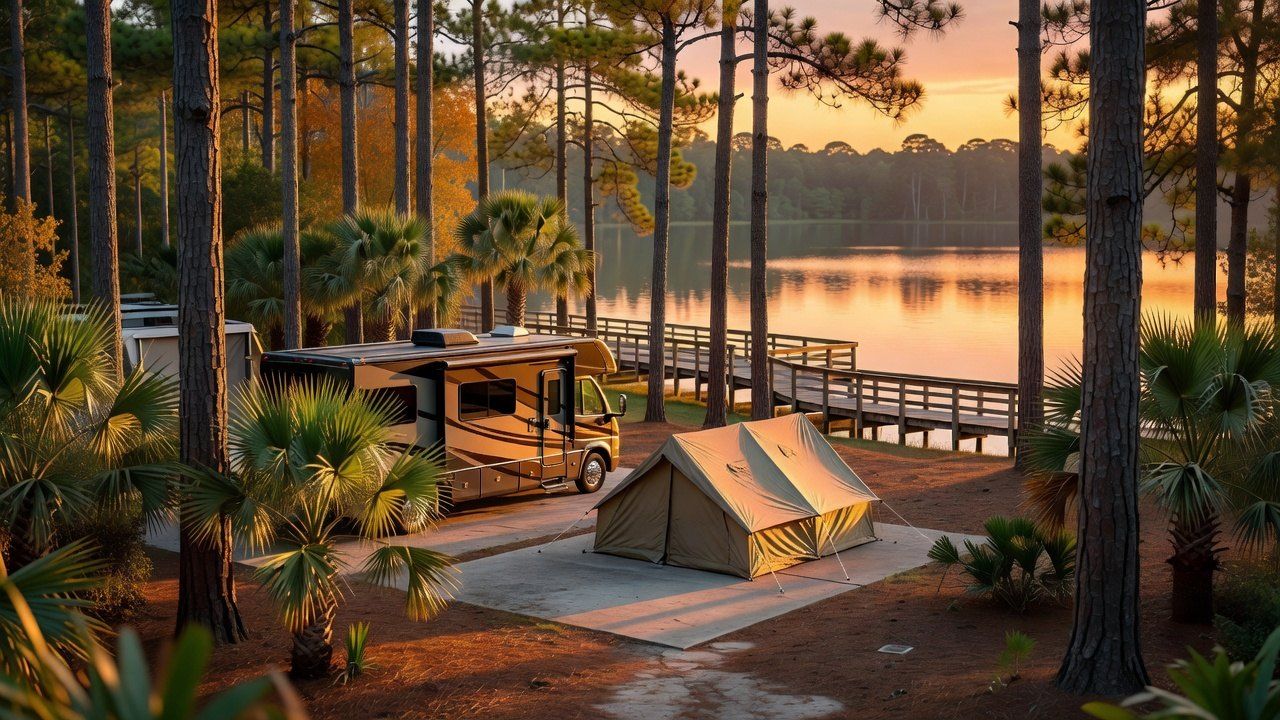 A Gulf Coast campground in Alabama at golden hour, with RV and tent pads set among longleaf pines and palmettos beside a freshwater lake