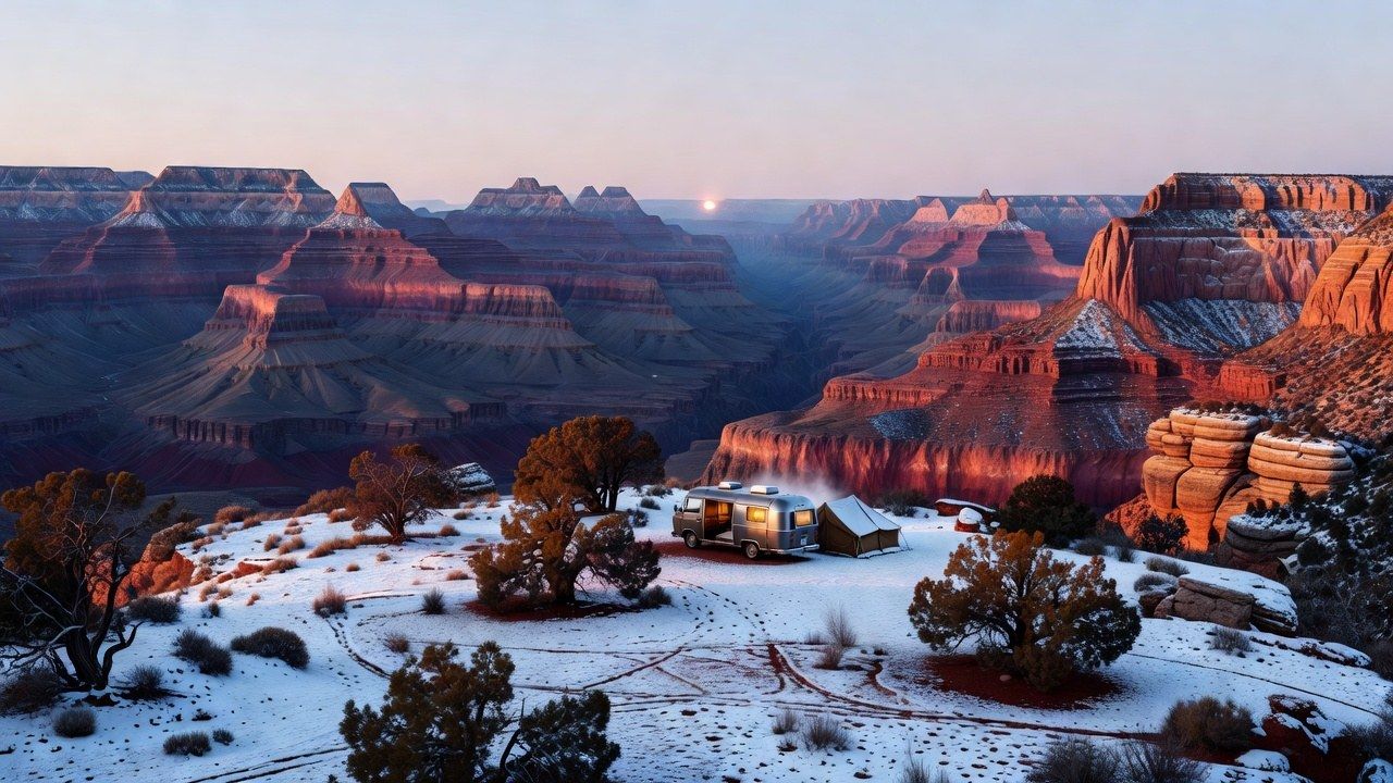 Winter camping at the Grand Canyon South Rim at sunrise with snow dusting the rim and layered red rock buttes in the distance