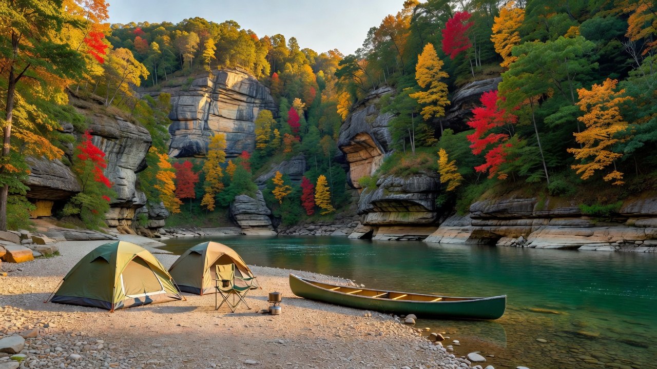 A gravel bar campsite on the Buffalo National River with sandstone bluffs behind it