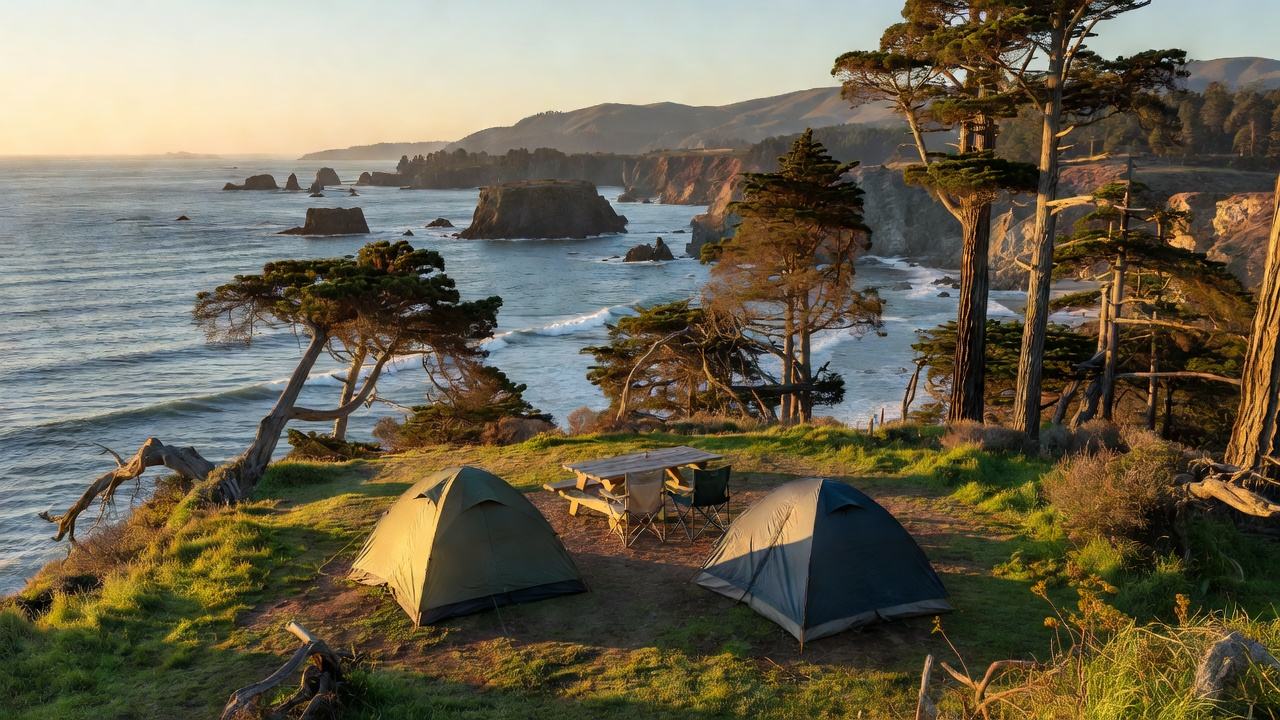 Two tents and a picnic table on a grassy bluff above the Pacific at sunset, with sea stacks offshore, at a coastal campground in California