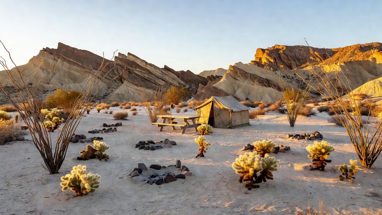 A desert campground in southern California at sunrise, tent and picnic table among ocotillo and cholla with rocky badlands behind
