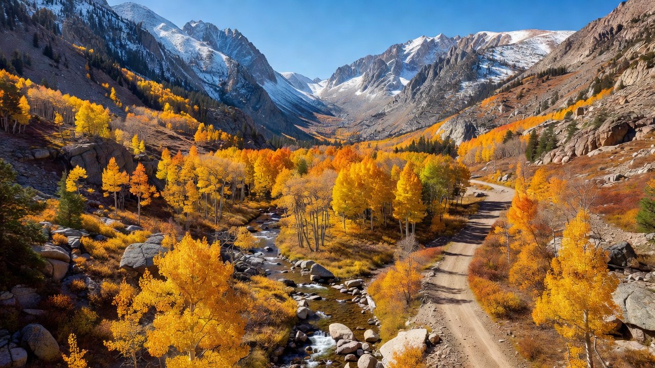 Golden aspen groves in an Eastern Sierra canyon during peak fall color, with snow-dusted granite peaks behind