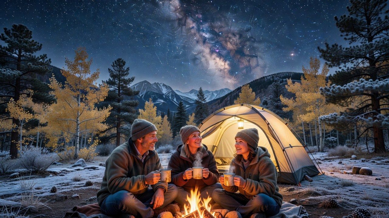Family around a campfire on a cold Colorado mountain evening, fleece jackets and hot drinks, a lit tent and starry sky behind them