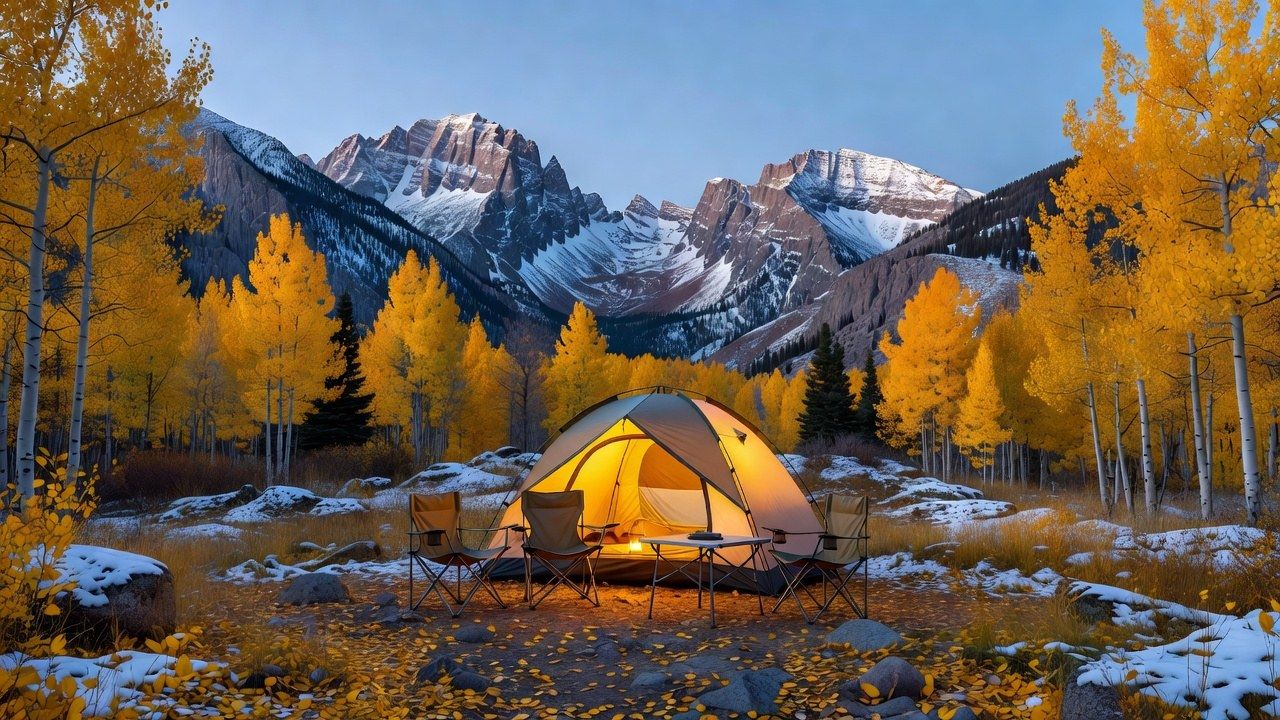 Autumn campsite in the Colorado Rockies at 9,000 feet, a family tent in a clearing of golden aspens with snow-dusted peaks behind