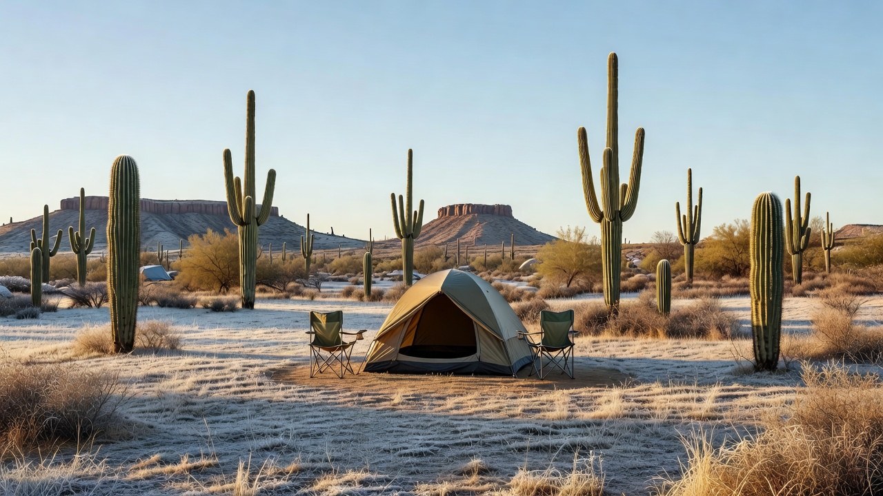 A February campsite in the southern tier, tent and chairs set up in low winter sun with bare trees behind