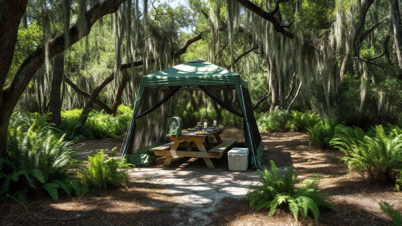 Shaded Florida campsite under cypress and live oak with a screen canopy, fan and cooler on the picnic table