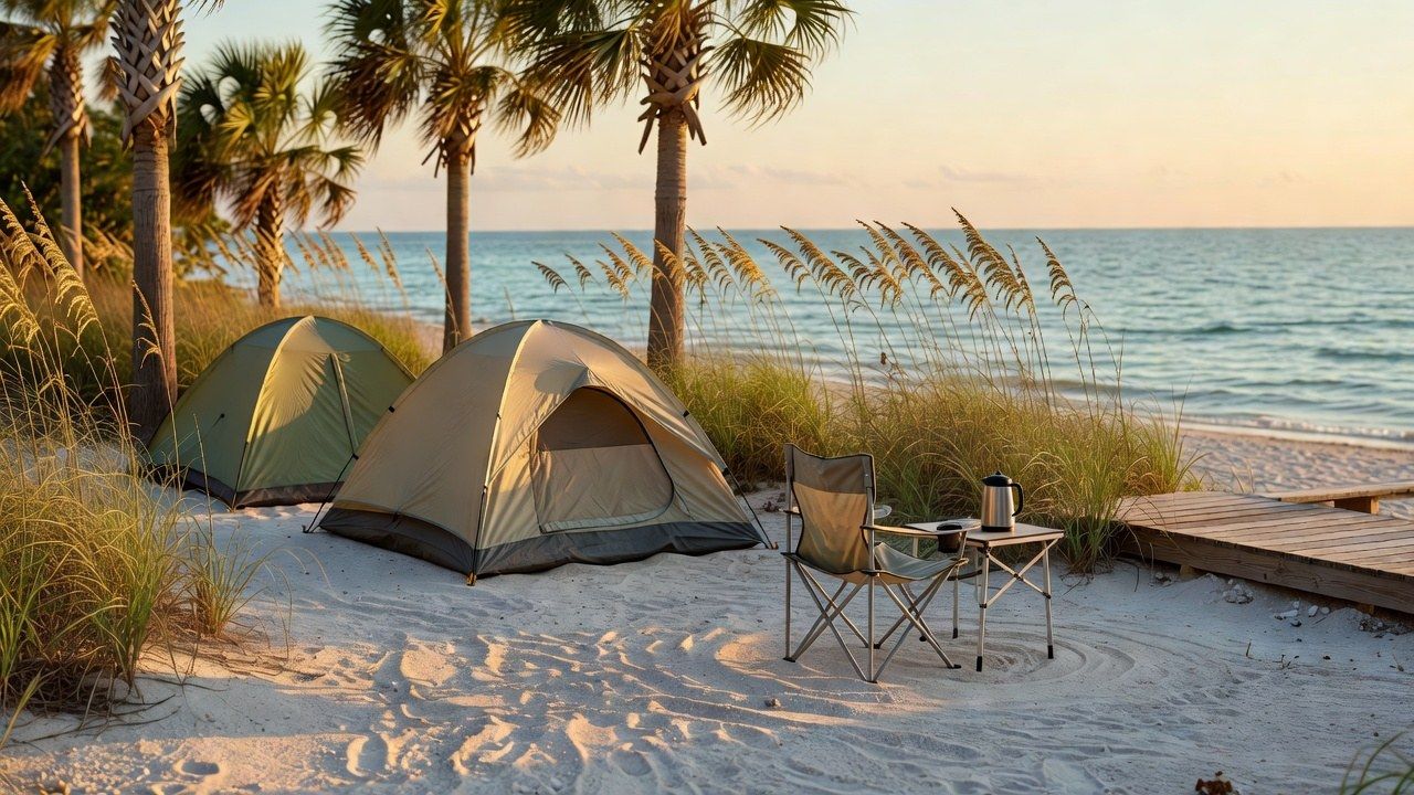 Family campground on the Florida coast at sunrise with tents under palm trees and calm Gulf water